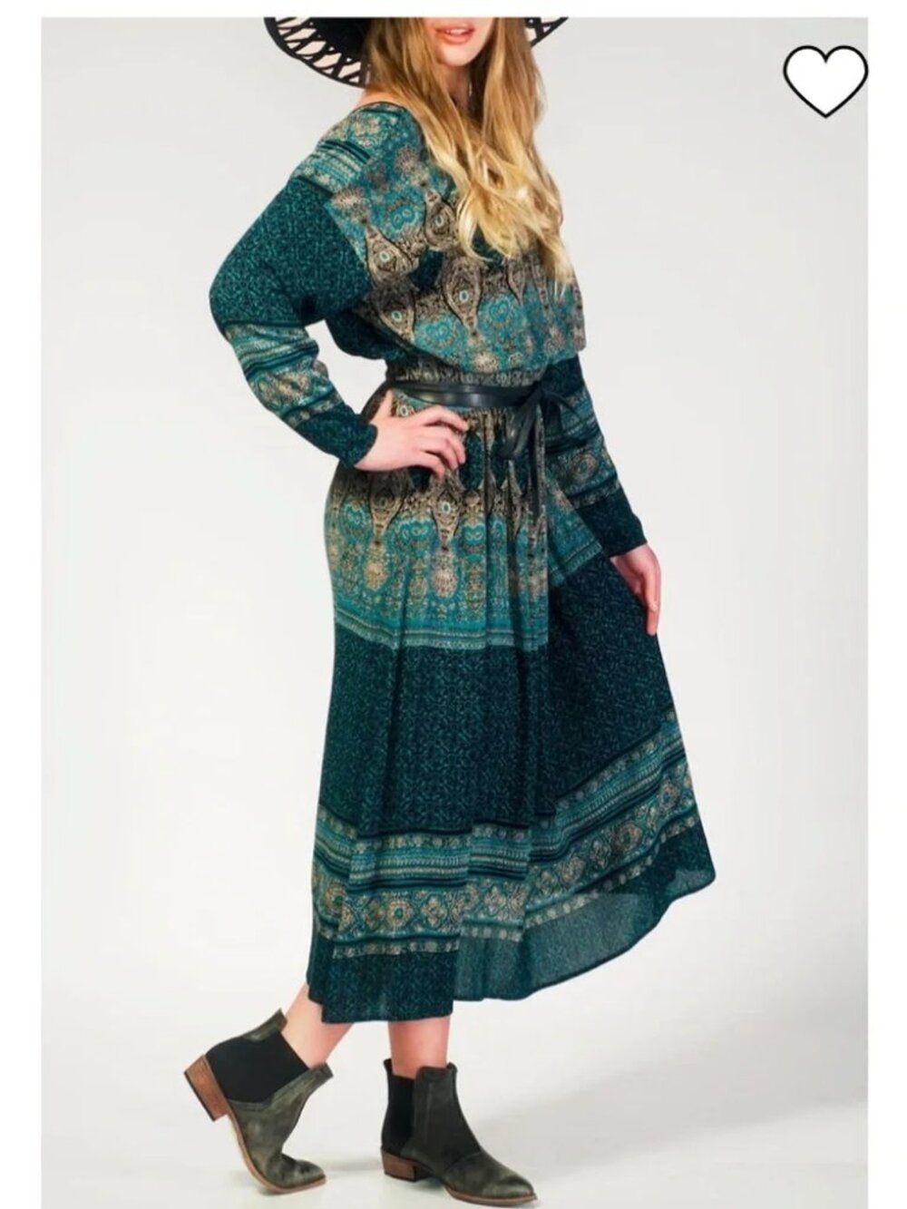 Free People She's a lady midi dress Medium Teal, Gray, Geometric boho